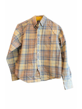 Cinch Boys Plaid Button Down Shirt XL Western Cowboy Cotton Blue Tan Yellow